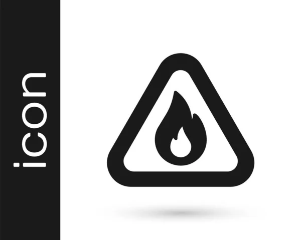 Llama de fuego negro en el icono del triángulo aislado sobre fondo blanco. Signo de advertencia de producto inflamable. Vector — Vector de stock