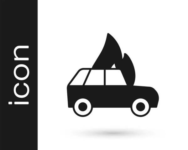Ikona černého hořícího auta izolovaná na bílém pozadí. Auto hoří. Rozbité auto pokryté ohněm a kouřem. Vektor — Stockový vektor
