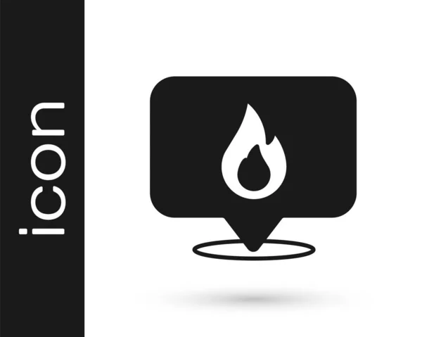 Schwarzer Kartenzeiger mit Flammensymbol auf weißem Hintergrund. Feuer in der Nähe. Vektor — Stockvektor