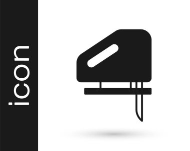 Beyaz zemin üzerinde çelik keskin bıçak ikonu olan siyah elektrikli yapboz. Ahşap işçiliği için elektrikli alet. Vektör