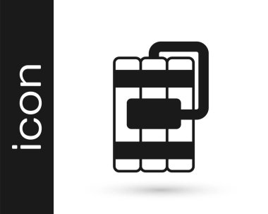 Beyaz arka planda siyah patlayıcı bomba çubuğu ve zamanlayıcı ikonu var. Saatli bomba - patlama tehlikesi kavramı. Vektör