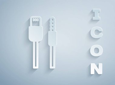 Kağıt kesiği USB kablo ikonu gri arkaplanda izole edildi. PC ve mobil cihazlar için bağlantı ve soketler. Kağıt sanatı tarzı. Vektör