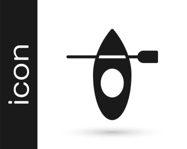 Siyah kano ve kürek simgesi beyaz arkaplanda izole edildi. Balıkçılık ve turizm için kano. Açık hava aktiviteleri. Vektör