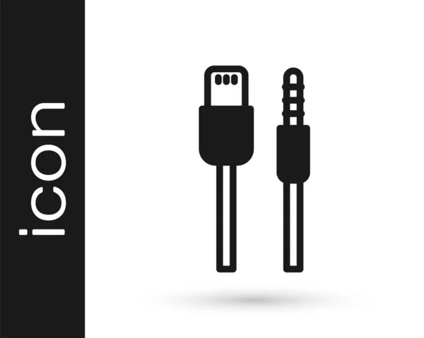 Черный USB кабель значок изолирован на белом фоне. Разъемы и розетки для ПК и мобильных устройств. Вектор — стоковый вектор