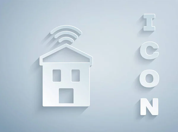 Papier découpé Smart home avec icône wi-fi isolée sur fond gris. Télécommande. Style art du papier. Vecteur — Image vectorielle