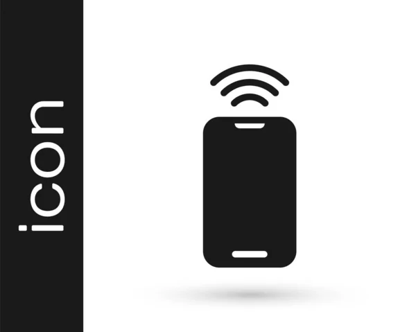 Smartphone preto com ícone de conexão sem fio wi-fi gratuito isolado no fundo branco. Tecnologia sem fio, conexão wi-fi, rede sem fio. Vetor — Vetor de Stock