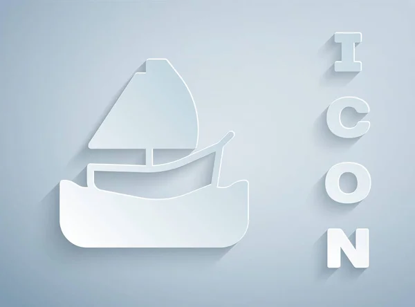 Papiergeschnittene Yacht- oder Segelschiffsymbole isoliert auf grauem Hintergrund. Segel-Boot-Kreuzfahrt. Papierkunst. Vektor — Stockvektor