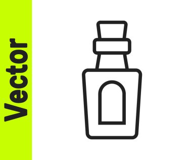 Beyaz zemin üzerinde iksir ikonu olan siyah çizgi şişesi. Sihirli iksirli matara. Mutlu Cadılar Bayramı Partisi. Vektör