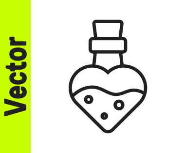 Beyaz zemin üzerinde iksir ikonu olan siyah çizgi şişesi. Sihirli iksirli matara. Mutlu Cadılar Bayramı Partisi. Vektör