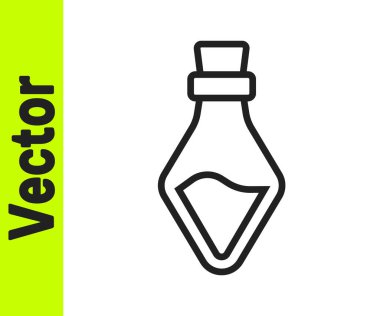 Beyaz zemin üzerinde iksir ikonu olan siyah çizgi şişesi. Sihirli iksirli matara. Mutlu Cadılar Bayramı Partisi. Vektör
