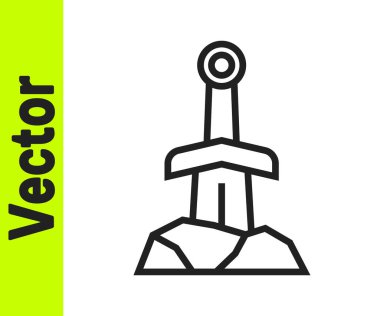 Taş ikonundaki siyah çizgi kılıcı beyaz arkaplanda izole edilmiş. Taştaki kılıç Excalibur, Arthur efsanelerinden. Vektör