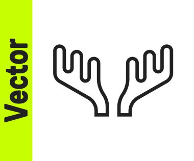 Siyah çizgi geyik boynuzları simgesi beyaz arkaplanda izole edildi. Duvarda av kupası. Vektör