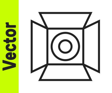 Siyah çizgi film spot ışığı simgesi beyaz arkaplanda izole edildi. Işık efekti. Sahne, Stüdyo, Gösteri. Vektör