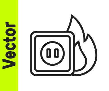 Siyah hat elektrik prizinin beyaz arka planda izole edilmiş ateş simgesindeki elektrik kabloları. Elektrik güvenliği kavramı. Fiş prizi yanıyor. Vektör