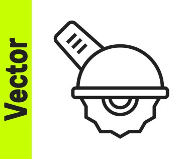 Beyaz zemin üzerinde çelik dişli disk simgesi olan siyah çizgili elektrikli elektrikli testere. Tahta ya da metal kesmek için elektrikli el aleti. Vektör