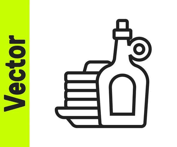 Schwarze Linie Flasche Ahornsirup mit einem Stapel Pfannkuchen auf weißem Hintergrund. Vektor — Stockvektor