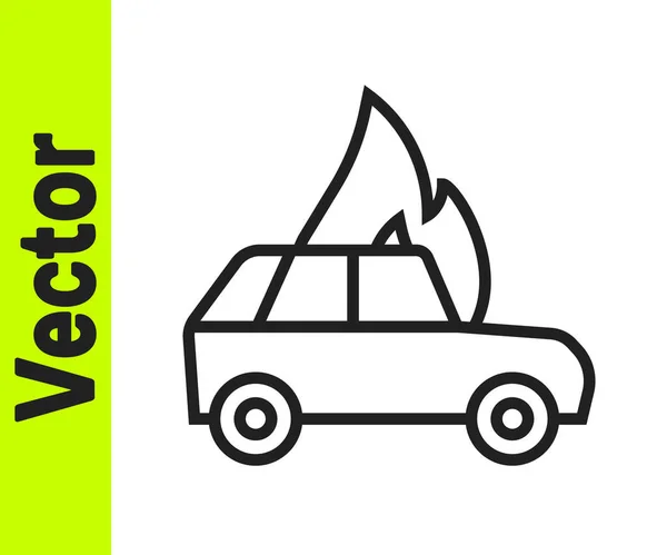 Schwarze Linie Brennendes Autosymbol isoliert auf weißem Hintergrund. Auto in Flammen. Kaputtes Auto mit Feuer und Rauch bedeckt. Vektor — Stockvektor