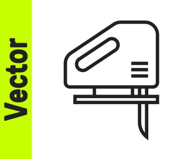 Beyaz zemin üzerinde çelik keskin bıçak ikonu olan siyah çizgili elektrikli yapboz. Ahşap işçiliği için elektrikli alet. Vektör