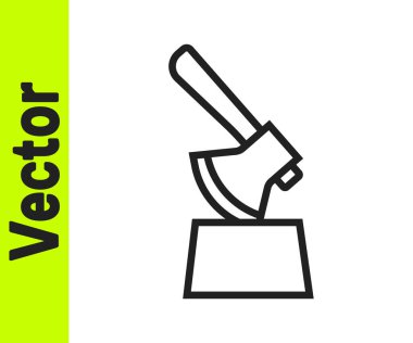 Siyah çizgi tahta baltası beyaz arka planda izole edilmiş kütük simgesinde. Oduncu baltası. Balta tahtaya saplanmış. Odun kesiyorum. Vektör