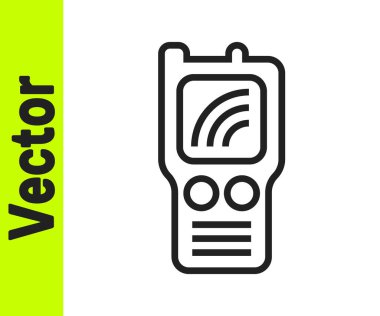 Beyaz arkaplanda siyah çizgi telsiz ikonu izole edildi. Taşınabilir radyo vericisi simgesi. Radyo alıcı-vericisi işareti. Vektör