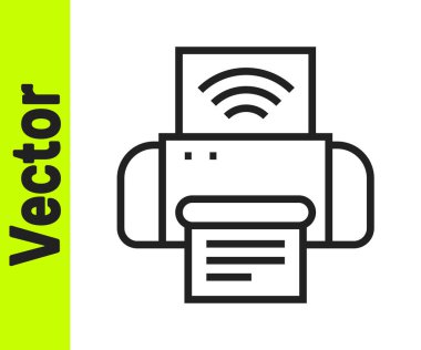 Siyah çizgi Akıllı yazıcı sistemi simgesi beyaz arkaplanda izole edildi. İnternet kavramının kablosuz bağlantısı. Vektör