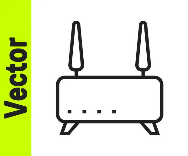 Router de línea negra e icono de señal wi-fi aislados sobre fondo blanco. Router de módem Ethernet inalámbrico. Internet de tecnología informática. Vector — Vector de stock