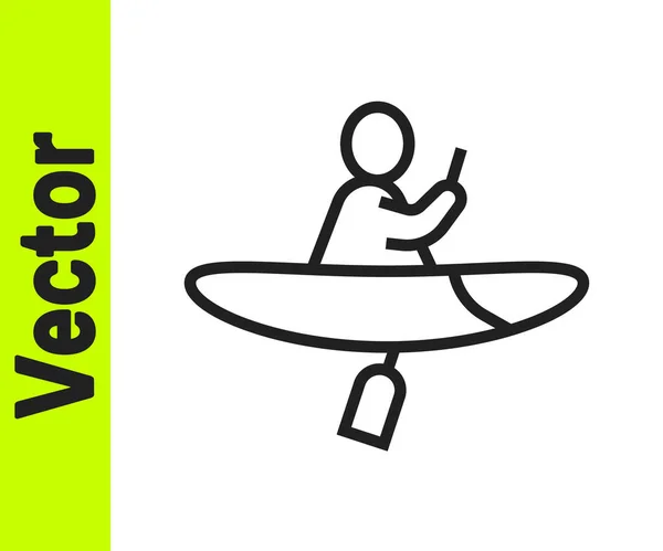 Icono de Kayak y paddle de línea negra aislado sobre fondo blanco. Kayak y canoa para la pesca y el turismo. Actividades al aire libre. Vector — Vector de stock