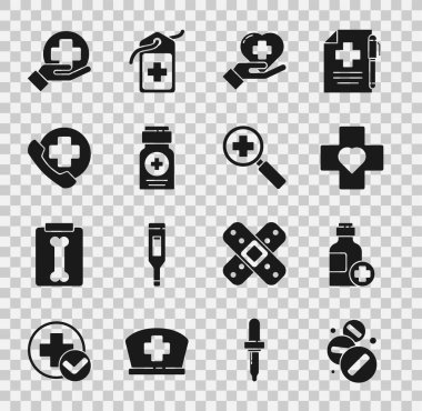 Set Medicine pill or tablet, Bottle of medicine syrup, Heart with cross, bottle, Emergency phone call to hospital, Cross medical and Magnifying glass for search icon. Vector