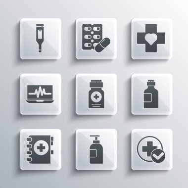 Set Hand sanitizer bottle, Cross hospital medical, Bottle of medicine syrup, Medicine, Medical clipboard, Laptop with cardiogram, digital thermometer and Heart cross icon. Vector