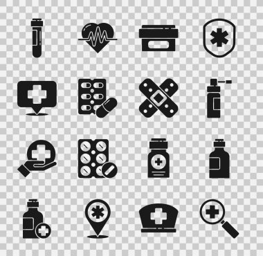Set Magnifying glass for search medical, with nozzle spray, Ointment cream tube, Pills blister pack, Map pointer cross hospital, Test blood and Crossed bandage plaster icon. Vector