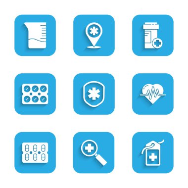 Set Medical shield with cross, Magnifying glass for search medical, Cross hospital tag, Heart rate, Pills blister pack, Medicine bottle and Measuring cup icon. Vector