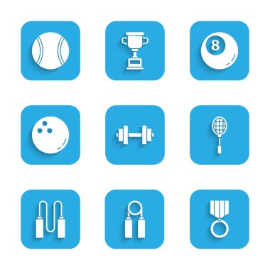 Set Dumbbell, Sport expander, Medal, Tennis racket, Jump rope, Bowling ball, Billiard pool snooker and  icon. Vector