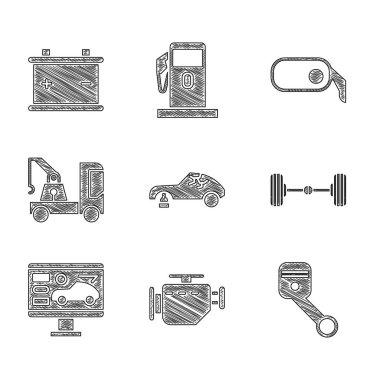 Set Broken car, Check engine, Engine piston, Chassis, Diagnostics condition of, Tow truck, Car rearview mirror and battery icon. Vector