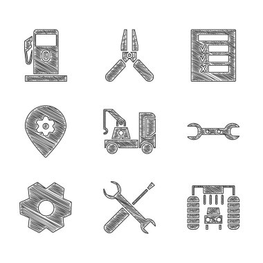 Set Tow truck, Screwdriver and wrench spanner, Car wash, Wrench, Gear, Location with car service, inspection and Petrol or Gas station icon. Vector