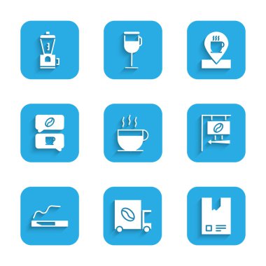 Set Coffee cup, street truck machine, Bag coffee beans, Street signboard, Cigarette, and conversation, Location with and Electric grinder icon. Vector