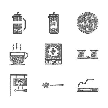 Set Electronic coffee scales, Spoon, Cigarette, Coffee cup to go, Street signboard, Cookie or biscuit and French press icon. Vector