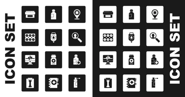 Establecer Puntero Mapa Con Hospital Cruzado Bolsa Paquete Blister Píldoras — Archivo Imágenes Vectoriales