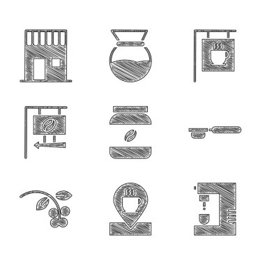 Set Coffee jar bottle, Location with coffee cup, machine, filter holder, bean, branch, Street signboard,  and shop icon. Vector