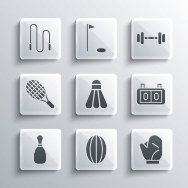 Set Rugby ball, Baseball glove, Sport mechanical scoreboard, Badminton shuttlecock, Bowling pin, Tennis racket, Jump rope and Dumbbell icon. Vector