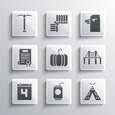 Set Soda can with straw, Indian teepee or wigwam, Golden gate bridge, Pumpkin, Calendar date July 4, Declaration of independence, Pickaxe and Eagle head icon. Vector