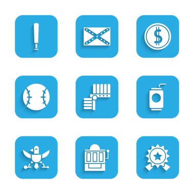 Set Indian headdress with feathers, Slot machine, Medal star, Soda can straw, Eagle, Baseball ball, Coin money dollar and bat icon. Vector