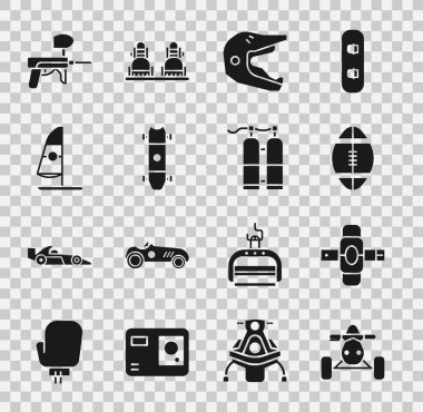 Set ATV motorcycle, Knee pads, Rugby ball, Motocross helmet, Longboard skateboard, Windsurfing, Paintball gun and Aqualung icon. Vector