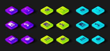 Set Ski and sticks, Jet ski, Action extreme camera, Bicycle, Longboard or skateboard and Rafting boat icon. Vector