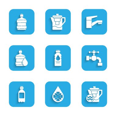Set Bottle of water, Defrosting, Water jug with filter, tap, Big bottle clean, and icon. Vector