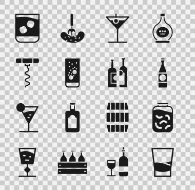 Set Glass of vodka, Pickled cucumbers in jar, Beer bottle, Martini glass, Effervescent tablets water, Wine corkscrew, whiskey and Bottles wine icon. Vector