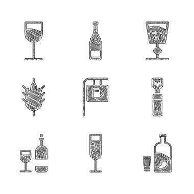 Set Street signboard with Bar, Glass of champagne, Vodka pepper and glass, Bottle opener, Wine bottle, Hop, and icon. Vector