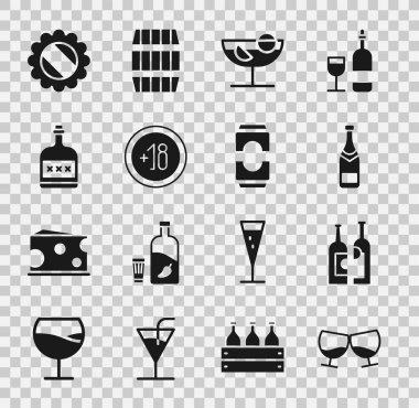 Set Glass of cognac or brandy, Bottles wine, Champagne bottle, Cocktail, Alcohol 18 plus, drink Rum, cap and Beer can icon. Vector