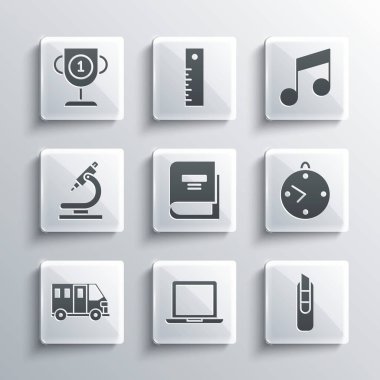 Set Laptop, Stationery knife, Clock, Book, School Bus, Microscope, Award cup and Music note, tone icon. Vector