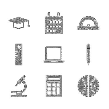 Set Laptop, Calculator, Basketball ball, Pencil with eraser, Microscope, Ruler, Protractor and Graduation cap icon. Vector