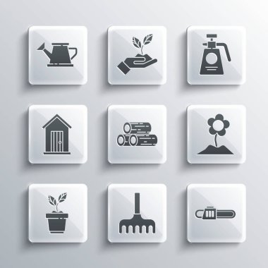 Set Garden rake, Chainsaw, Flower, Wooden logs, Plant pot, Farm house, Watering can and sprayer for fertilizer icon. Vector